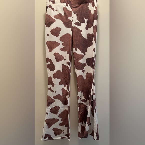 Jade by Jane Cow Print Flared Bell-Bottoms Pull On Pants Mocha Ivory Sz Large - Picture 8 of 8